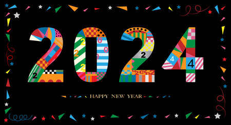 2024 Typography text font in colourful of geometric style on black background, Creative deco design for Greeting Lettering.New year 2024 Year of the Dragon for flyers, posters, banners and calendar,のイラスト素材