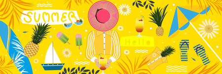 Summer scene background,Vector illustration Fun Vibes of a Woman with Tropical Summer,Pink Hat, Pineapple, palm leaves, surfboard, ice cream, sandal, umbrella on yellow backgroundのイラスト素材