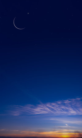 Islamic card with Crescent moon,Star on Sunset Sky,Horizon Nutural Ramadan Sky for religions symbolic of Muslim culture for Generous Ramadan,New Moon,Prayer time.Eid Mubarak,Eid al Adha,Eid al Fitrの写真素材