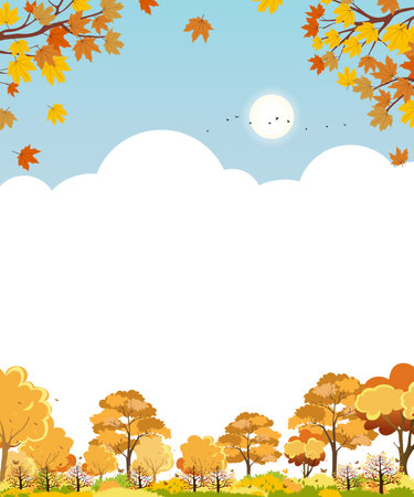 Autumn landscape with maple tree forest and cloud on blue sky background,Vector cute cartoon Fall season with orange foliage,Peaceful natural in sunny day,Autumnal background with copy space for textのイラスト素材