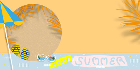 Summer scene background,Vector Paper Cut Tropical Summer with Coconut Leaves,Sunglasses, Sandal, Umbrella. Flat lay Palm Leaf on Yellow Sand Beach Background Concept for Vacation,Travel,Sale,Promotionの写真素材