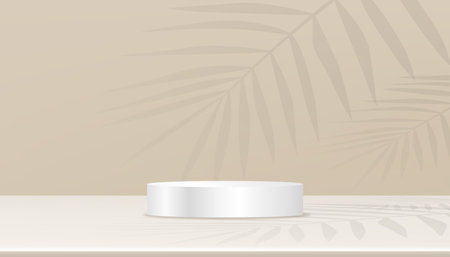 Modern background Step Podium with coconut palm leaves on Beige wall,3D Display with overlay light of branches leaf on cement wall,Vector Product background for Spring,Summer organic presentationのイラスト素材