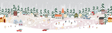 Seamless pattern Winter landscape,Celebrating Christmas and new Year 2024  in village at night with...