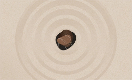 Stack Stones on Sand beach texture with simple spiritual pattern,Japanese Zen Garden with pebbles on concentric circles lines on sand background,Zen like concept Design for Name Card or Bannerの写真素材