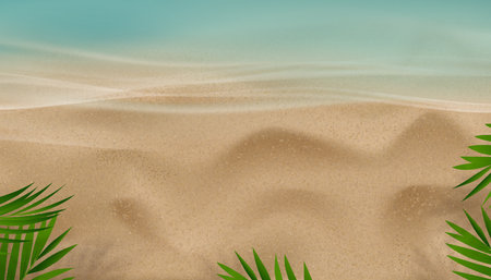 Summer background,Tropical sand beach background with sea waves, sand, palm tree shadows,Vector horizon holiday banner.Background for  Travel and beach vacation, copy space for text.の写真素材
