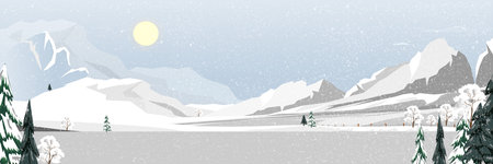 Winter forest landscape with covered on frost trees in the snowdrifts with beautiful sky.Vector cartoon horizon coniferous forest with snow falling,Backdrop banner for Christmas,New Year 2024 Cardのイラスト素材