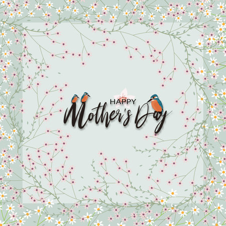 Mother's day greeting card with Spring flowers border on green mint pastel background, Vector illustration horizontal backdrop of cute blooming flora frame, Flat design of beautiful botanicalのイラスト素材