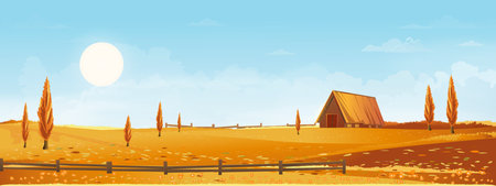 Autumn panorama landscape farm field with blue sky,Panorama view Autumn rural countryside with yellow,orange foliage,Vector cartoon Fall season with copy space for banner backgroundのイラスト素材