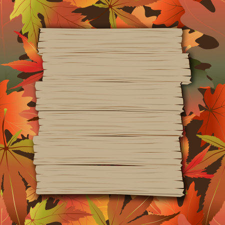Autumn sale background with empty brown wooden board sign on maple leaves,Vector Thanksgiving or Mid Autumn festival, Banner with template layout for shopping, poster, web advertise on Fall seasonのイラスト素材