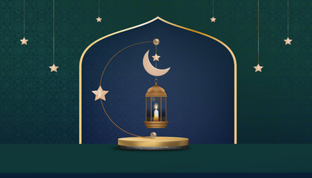 Islamic Podium with Traditional islamic lantern with Crescent moon,Star hanging on green background, Vector Backdrop of Religion of Muslim Symbolic,Eid ul fitr, Ramadan Kareem,Eid al Adha,Eid Mubarakの写真素材