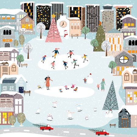 Christmas Card,Winter landscape with snow falling Christmas Eve in City,Vector cute Winter Wonderland in the town with Happy people,Polar bear celebration in the park,Merry Christmas,New year 2024のイラスト素材