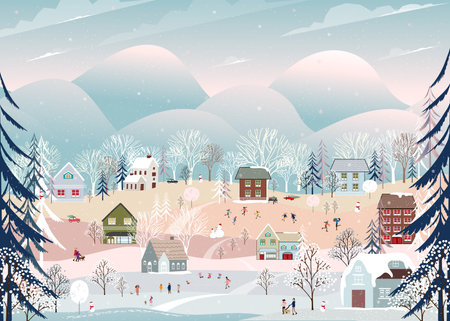 Winter landscape with snow fallingon Christmas night in village,Vector banner cute Winter Wonderland in the town with Happy people celebration in the park,Merry Christmas,New year 2024 card backgroundのイラスト素材