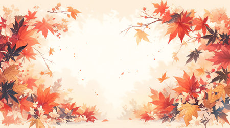 Autumn background,Cartoon drawn beautiful maple leaves frame boder with copy space on beige background,Concept for fall season holiday or Thanksgiving crad,Generative AIの素材