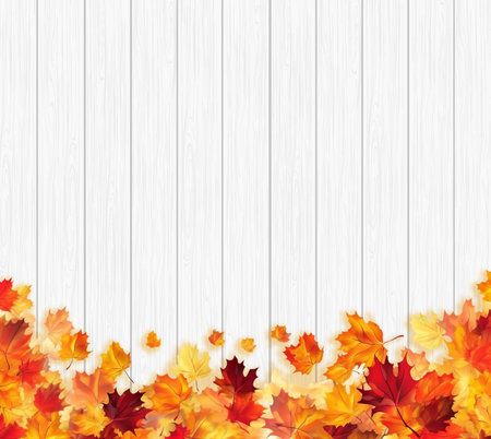 Autumn background with colourful frame of maple leaves, orange, yellow ,red on white wood texture.Beautiful fall leaves decorative border with copy space for text,Generative Aiの素材