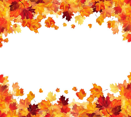 Autumn background with colourful frame of maple leaves, orange, yellow ,red.Beautiful fall leaves decorative border with copy space for text,Generative Aiの素材