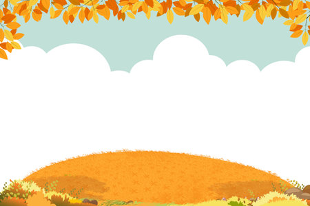 Autumn background with rural grass field landscape, maple leaves border on cloud and blue sky background,Vector cute cartoon with copy space for Hello Autumn,Thanksgiving,Mid Autumn Banner Sale,Promoのイラスト素材