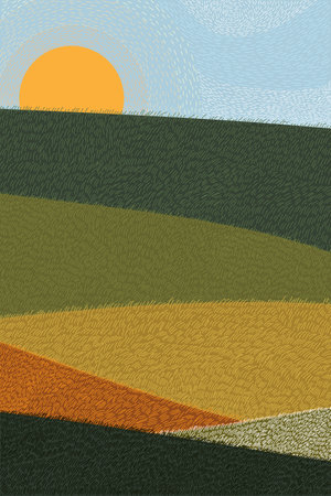 Autumn rural landscape farm field with blue sky, cloud, sun in graphic style.Vector Vertical Fall scenery in countryside with sunrise in the morning,Cartoon banner for Harvest or Thanksgiving festivalのイラスト素材