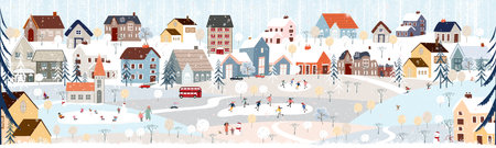 Christmas background,Winter Landscape in Christmas eves at night in City,Vector cute cartoon Winter Wonderland in the town,People celebration in the park on New Year,Banner Design for Holiday seasonの写真素材