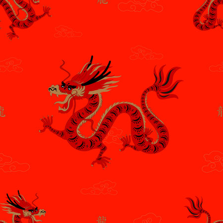 Vector seamless pattern with Asian Dragon Zodiac Sign in Paper Cut Art and Craft style on red colour background.Concept for Wallpaper, fabric, textile background.Chinese Translation,Year of the Dragonのイラスト素材