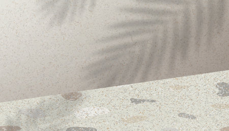 Studio background display with shadow leaves on Terrazzo Marble wall room,Empty Gallery with sunlight on Granite floor,Concept for Cosmetic product presentation,Sale,Online shop in Autumn,Fall Seasonのイラスト素材