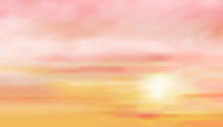 Sunset sky in Summer,Sunrise in Morning with Orange,Yellow and Pink sky,Autumn sk Dramatic twilight landscape,Vector Horizon Beautiful Sky banner Sunlight for four seasons backgroundのイラスト素材