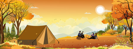 Family enjoying vacation camping at countryside in Autumn,Group of People sitting near the tent and campfire having fun talking together, Vector Rural landscape in fall forest tree with sunset skyのイラスト素材
