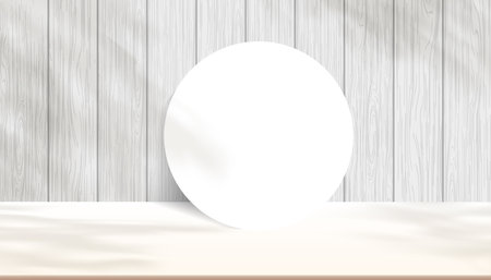 Background Studio Wood wall with shadow leaves on Beige Floor,Background scene product display podium with shadow platform,White Wooden texture with Stand Stage showcase to show cosmetic productのイラスト素材