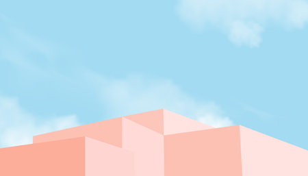 Sky Blue and clouds background with 3d Beige podium step,Vector illustration banner with Stage Showcase mockup, Minimal design Backdrop for Spring, Summer Sale, Cosmetic productのイラスト素材