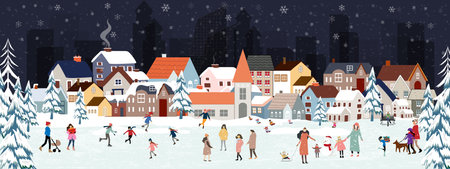 Christmas Background,Winter night with people celebrating on Christmas eve in city park.Winter wonderland in the town with happy kids playing outdoor,Vector Banner for New year 2024 backgroundの写真素材