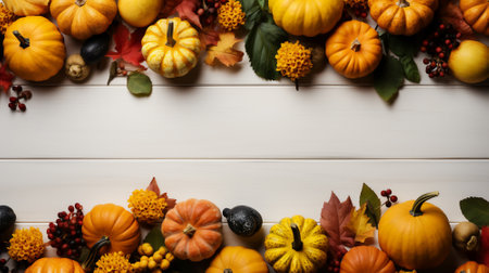 Thanksgiving background with Pumpkins on wooden table, Fall season with group of orange pumkins with decoration white wood board, Autumn banner with copy space for text,Generative Aiの素材
