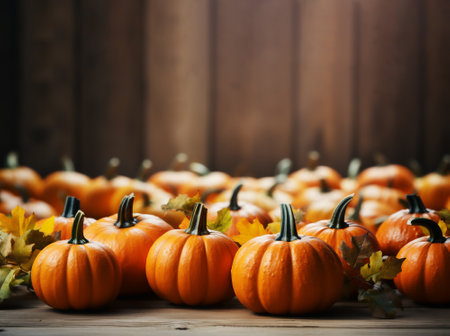 Thanksgiving background with Pumpkins on wooden table, Fall season with group of orange  pumkins with blurry brown wood background, Autumn banner with copy space for text,Generative Aiの素材