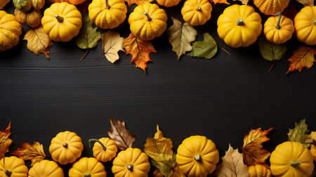 Thanksgiving background with Pumpkins on wooden table, Fall season with group of orange pumkins with decoration white black board, Autumn banner with copy space for text,Generative Aiの素材