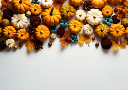 Thanksgiving background with Pumpkins on white background, Fall season with group of orange pumkins with decoration dark white table, Autumn banner with copy space for text,Generative Aiの素材