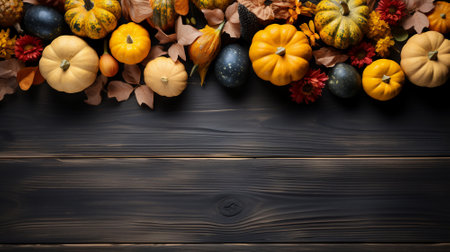 Thanksgiving background with Pumpkins on wooden table, Fall season with group of orange pumkins with decoration dark wood board, Autumn banner with copy space for text,Generative Aiの素材