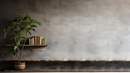 Concrete Wall Texture with Shadow on Cement floor Background,Grey Studio Room with book shelf ,houseplant with sunlight effect on wall, Generative Ai.の素材