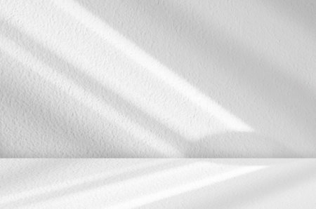 Concrete Wall Texture with Leaves Shadow on Cement floor Background,Empty White,Grey Studio Room with Table Top,Backdrop background Spring or Summer Cosmetic Product Display,Mockup Beauty Presentationの写真素材