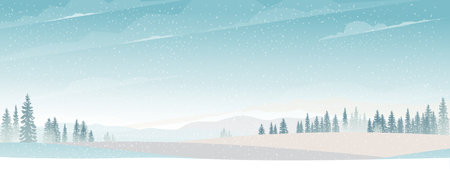 Winter with Snowy Mountains landscape Forest Pines Tree and Field.Vector Banner Cartoon Horizon  Beautiful Natural Scenery for New Year,Christmas background,Web Banner,Calendar Cover,Greeting cardのイラスト素材