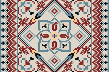 Floral Cross Stitch Embroidery on gray background.geometric ethnic oriental pattern traditional.Aztec style abstract vector illustration.design for texture,fabric,clothing,wrappingのイラスト素材