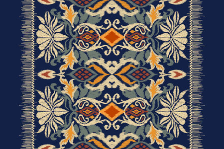 Ikat floral paisley embroidery on navy blue background.geometric ethnic oriental pattern traditional.Aztec style abstract vector illustration.design for texture,fabric,clothing,の素材