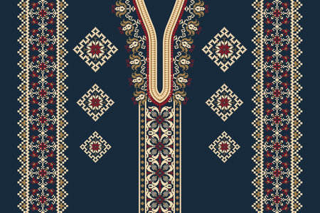 Beautiful floral neckline embroidery.geometric ethnic oriental pattern traditional on blue  background.Aztec style,abstract,vector,illustration.design for texture,fabric,fashionのイラスト素材