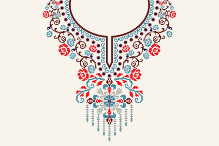 Beautiful floral cross stitch neckline embroidery on white background.geometric ethnic oriental pattern traditional.Aztec style abstract vector illustration.design for texture,のイラスト素材