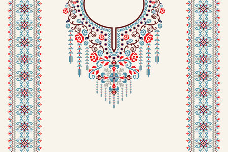Beautiful floral cross stitch neckline embroidery on white background.geometric ethnic oriental pattern traditional.Aztec style abstract vector illustration.design for texture.のイラスト素材