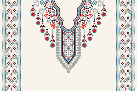 Beautiful floral cross stitch neckline embroidery on white background.geometric ethnic oriental pattern traditional.Aztec style abstract vector illustration.design for texture,のイラスト素材