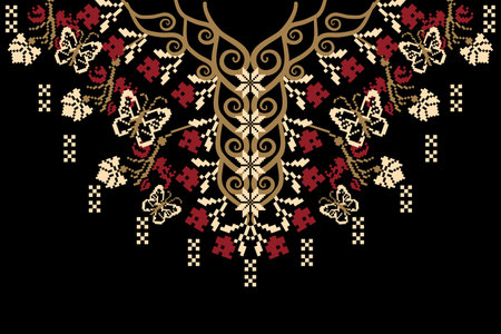 Floral neckline embroidery on black background.geometric ethnic oriental pattern traditional.Aztec style abstract vector.design for texture,fabric,clothing,fashion women wearing,のイラスト素材