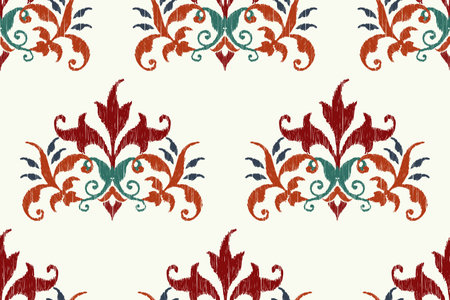 Ikat floral paisley embroidery on white background.Ikat ethnic oriental seamless pattern traditional.Aztec style abstract vector illustration.design for texture,fabric,clothing,の素材