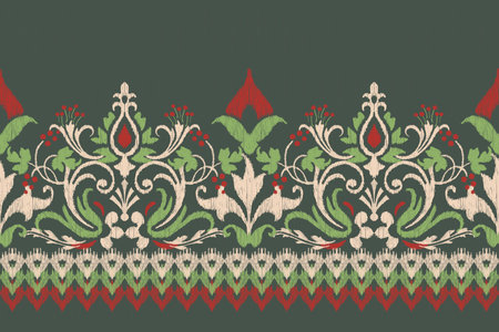 Ikat floral paisley embroidery on green background.Ikat ethnic oriental pattern traditional.Aztec style abstract vector illustration.design for texture,fabric,clothing,wrapping,の素材