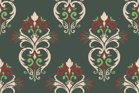 Ikat floral paisley embroidery on green background.Ikat ethnic oriental seamless pattern traditional.Aztec style abstract vector illustration.design for texture,fabric,clothing,のイラスト素材