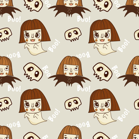 Halloween seamless pattern.cartoon character hand drawn seamless pattern of ghost,bat,skull on gray background.Halloween concept.vector illustration.design for texture,fabric,のイラスト素材
