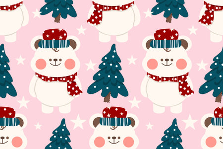 Christmas seamless pattern on pink background.seamless pattern of polar bear,tree,star.cartoon character hand drawn vector illustration.merry Christmas concept.design for textureのイラスト素材