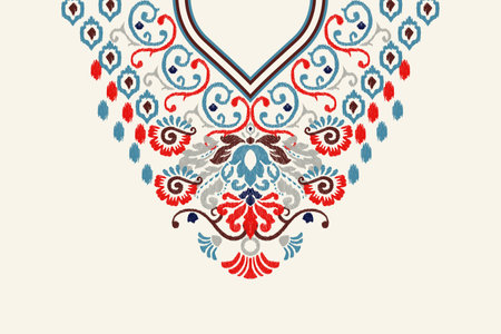 Beautiful floral neckline Ikat paisley embroidery on white background.boho neckline patterns traditional.Aztec style abstract vector illustration.design for texture,fabric,clothingのイラスト素材